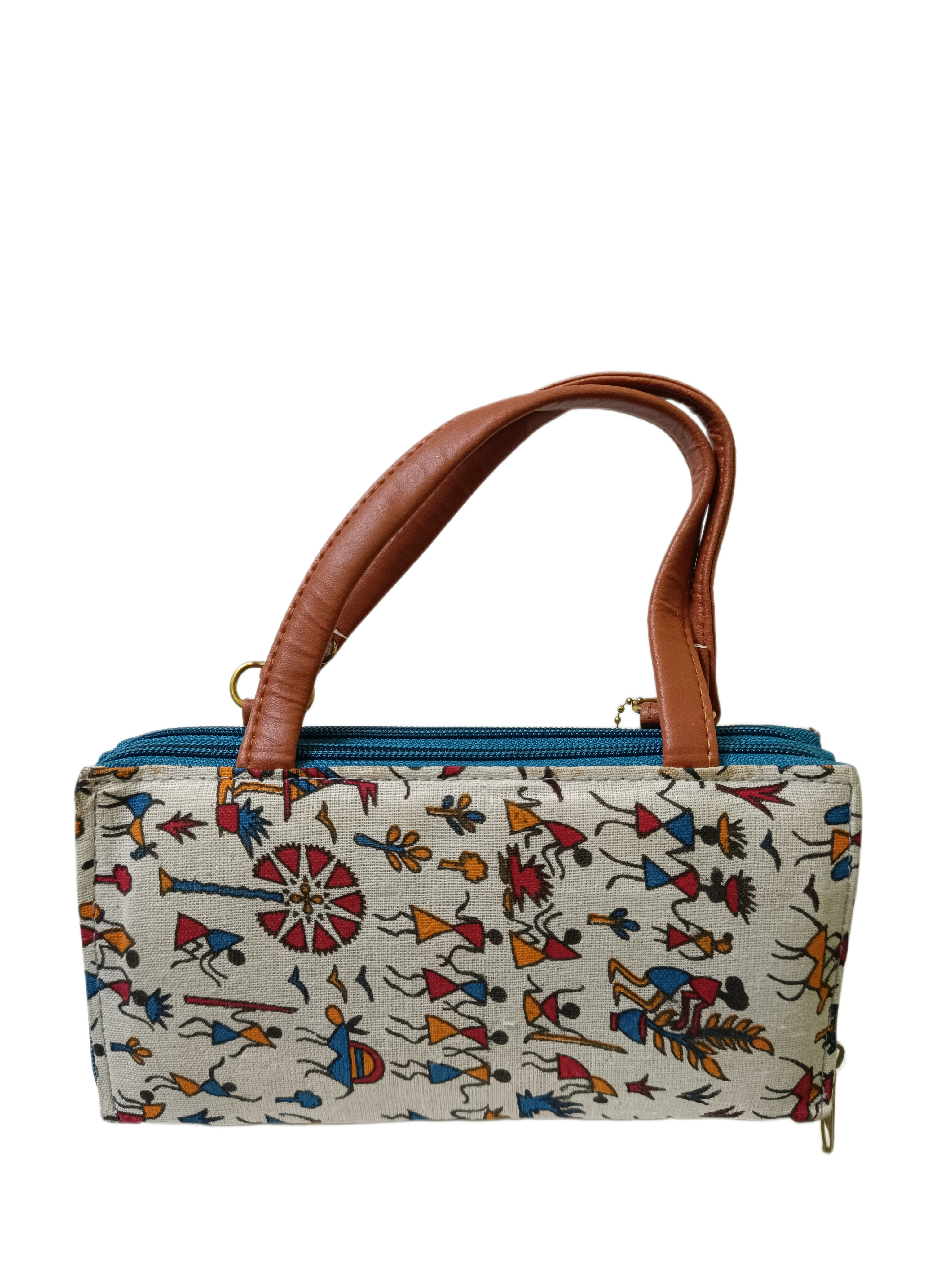 Ikat Print Mini Handbag with Brown Handles & Pom-Pom Charm