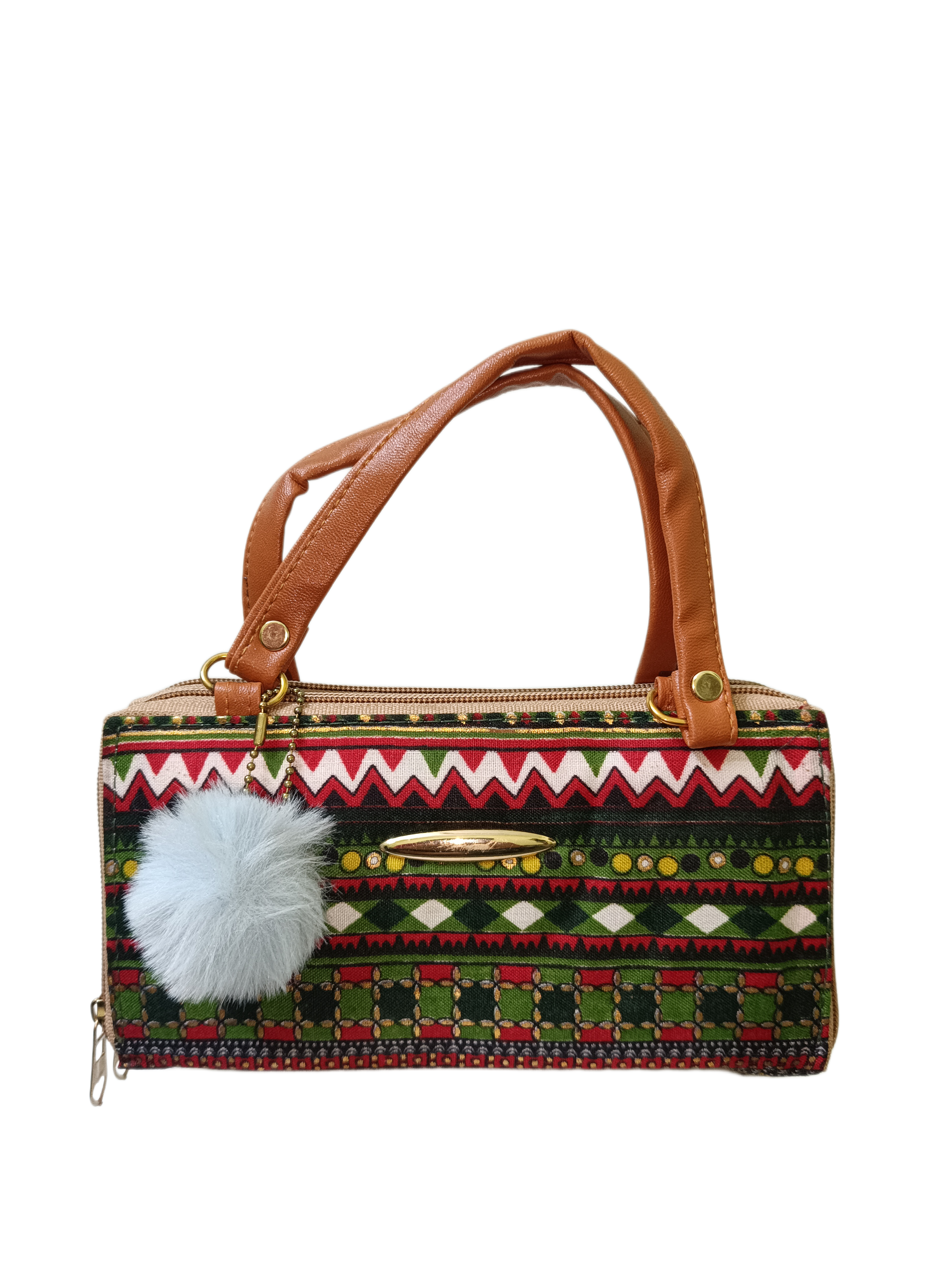 Ethnic Print Handbag with Faux Leather Handles & Fur Charm