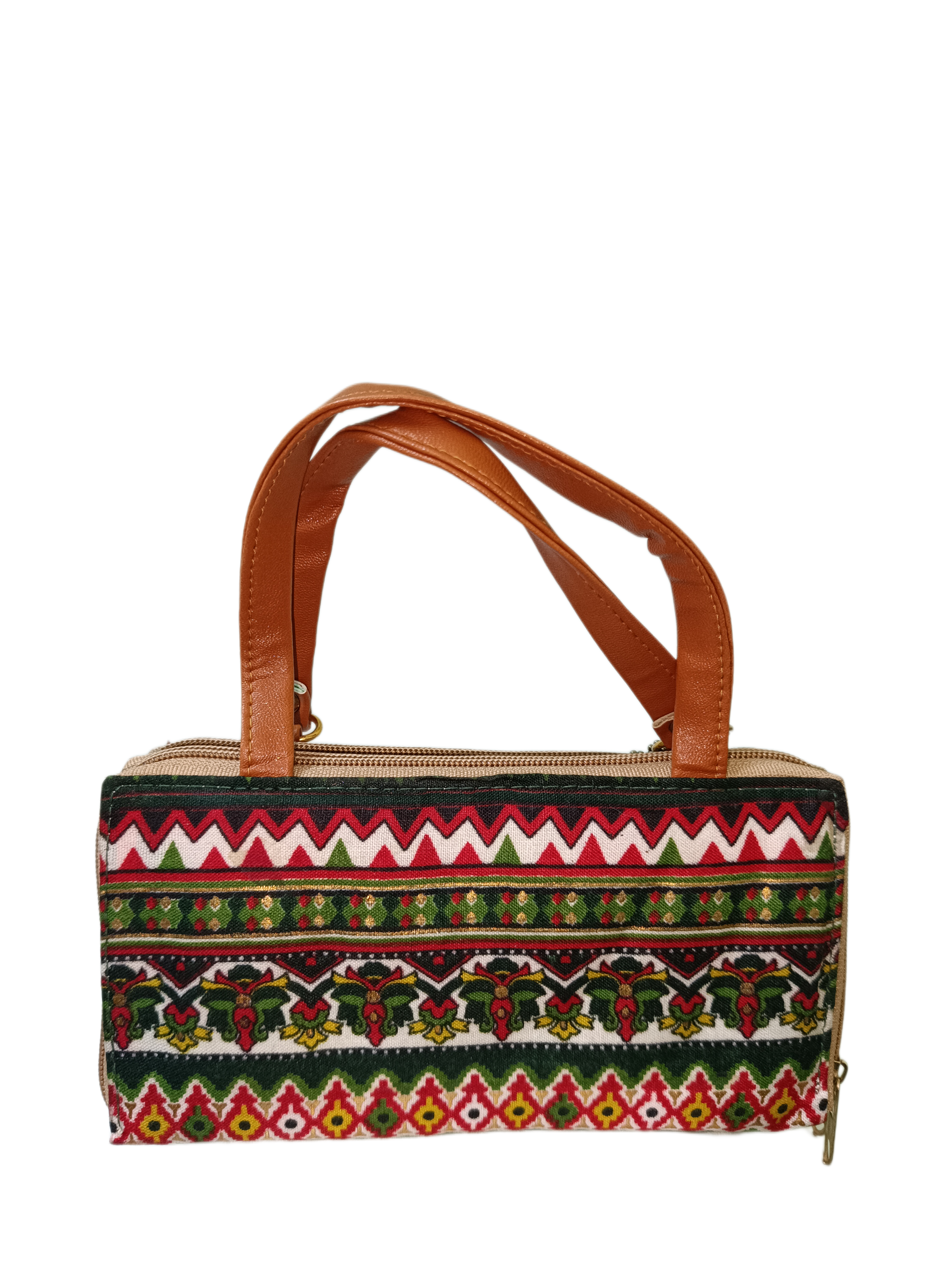 Ethnic Print Handbag with Faux Leather Handles & Fur Charm
