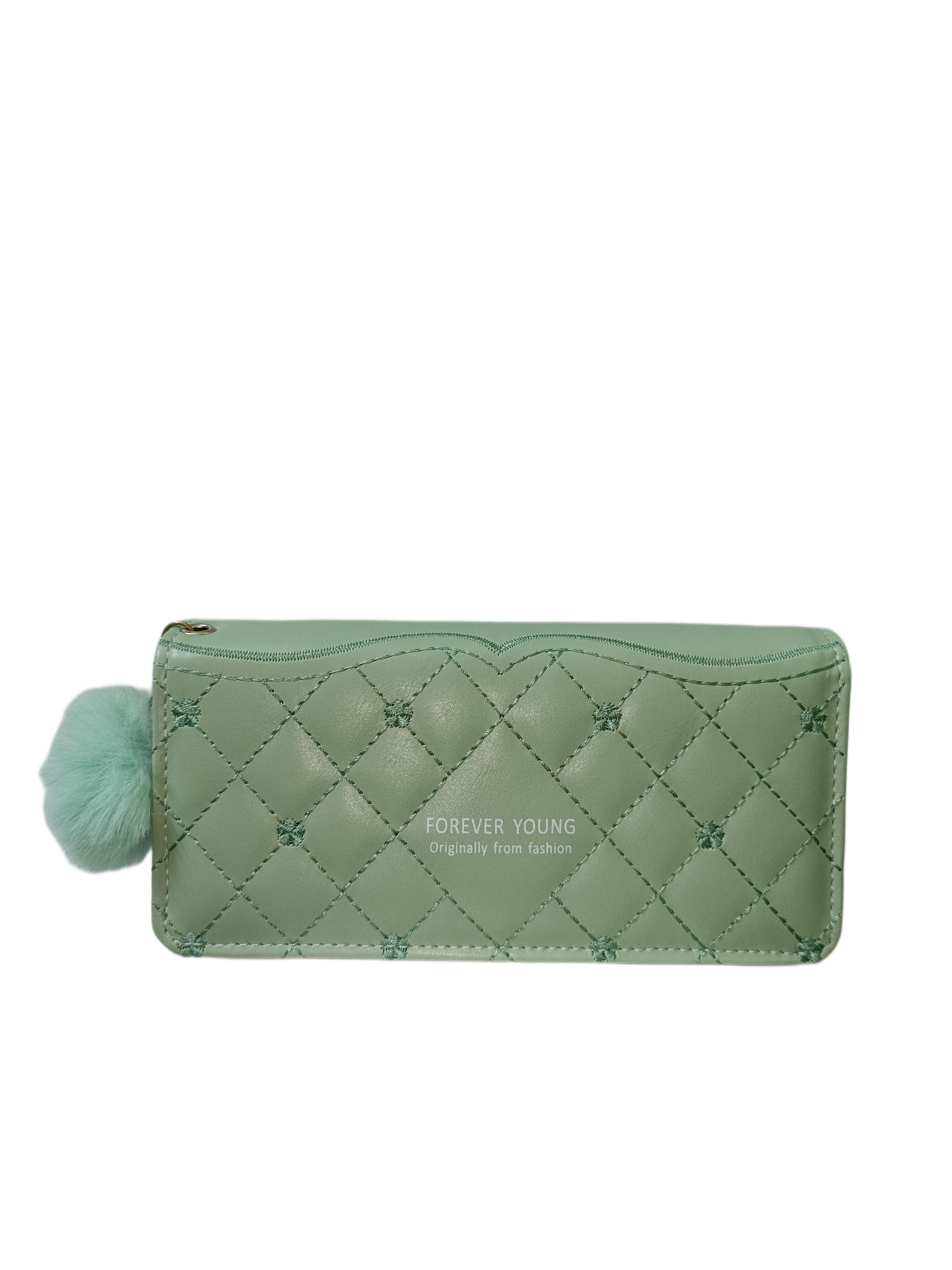 Mint Green Quilted Wallet with Pom-Pom Zipper Pull