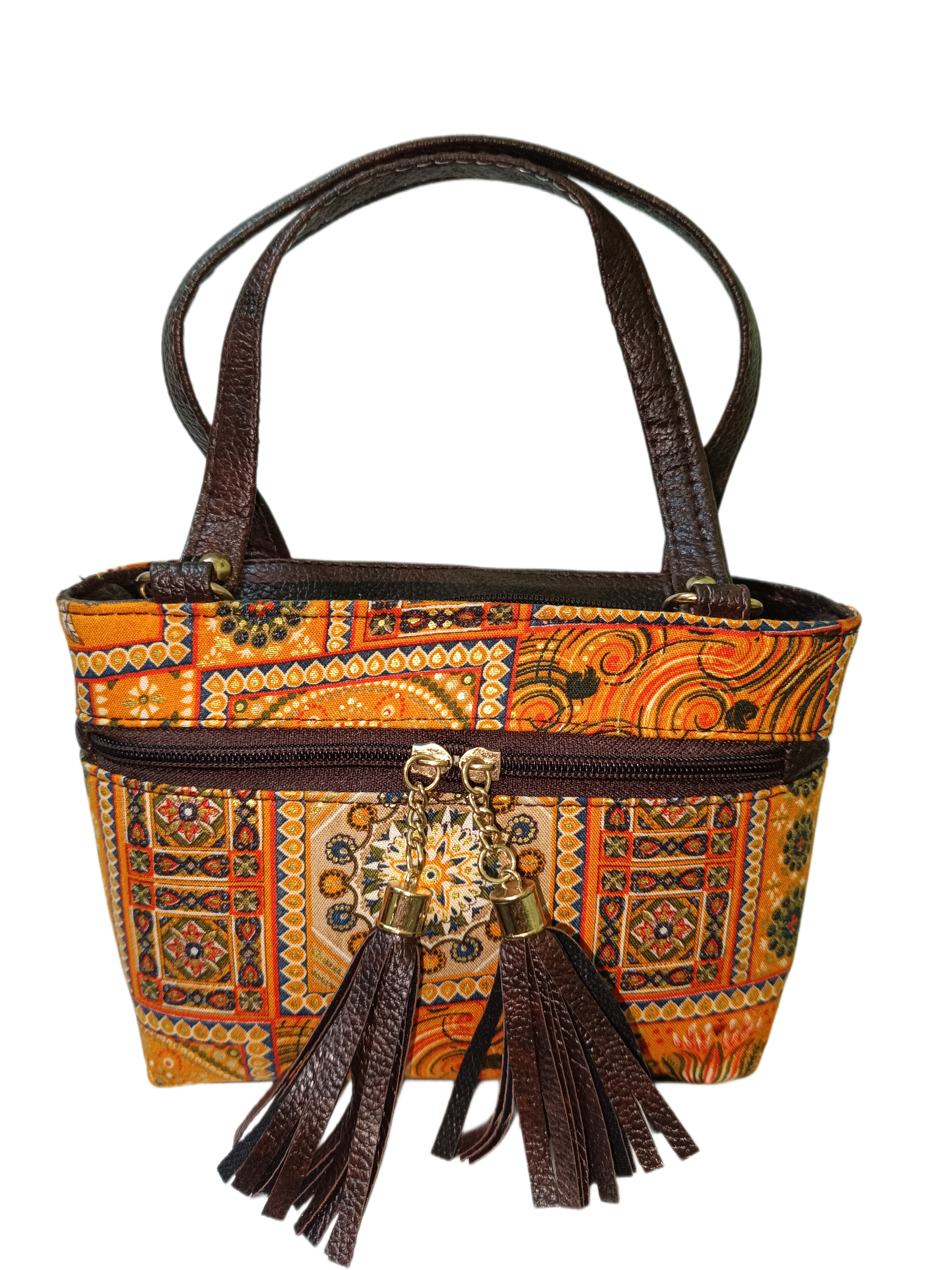 Handcrafted Ethnic Print Tote Bag with Dual Tassel Charms