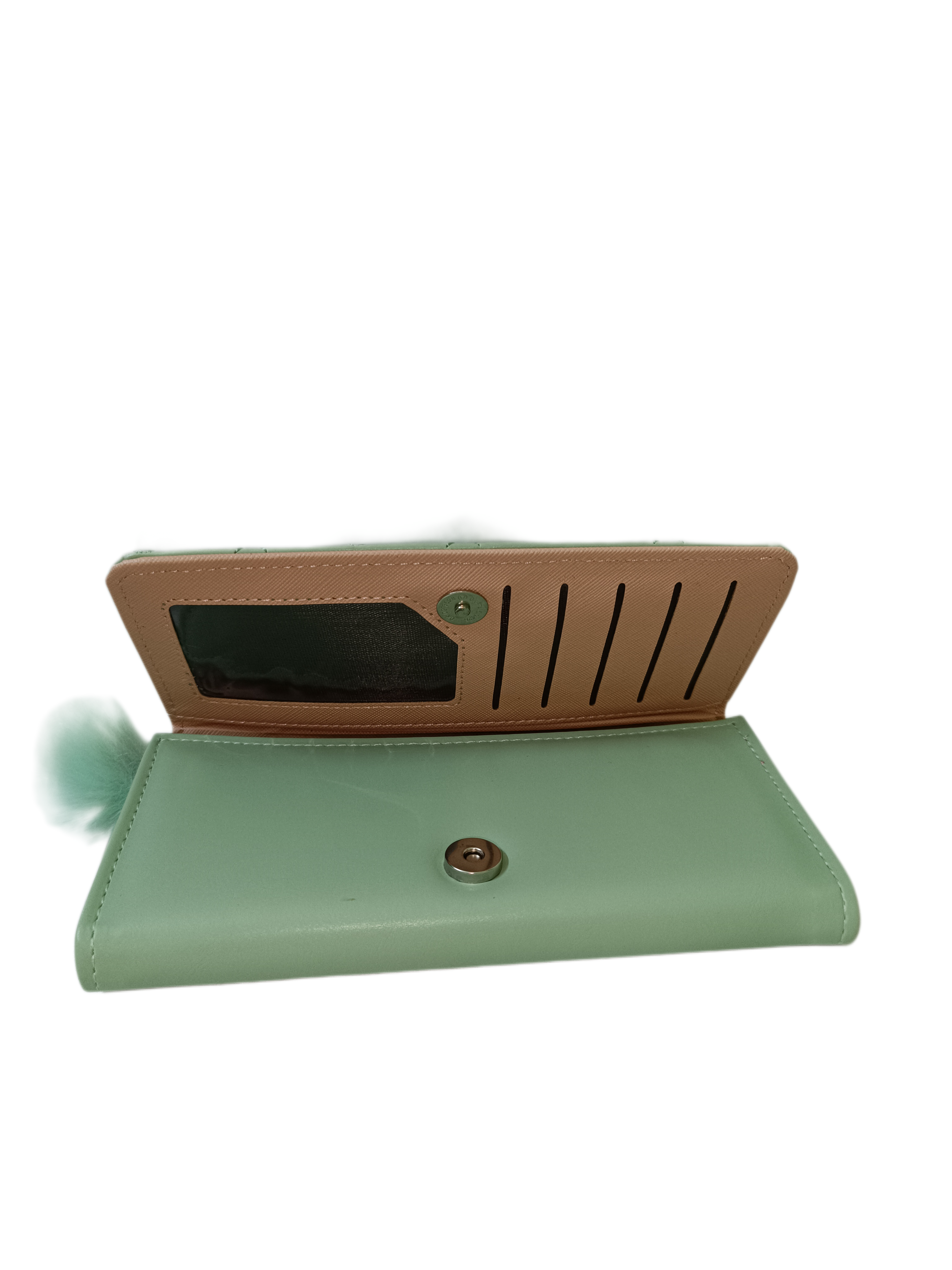 Mint Green Quilted Wallet with Pom-Pom Zipper Pull