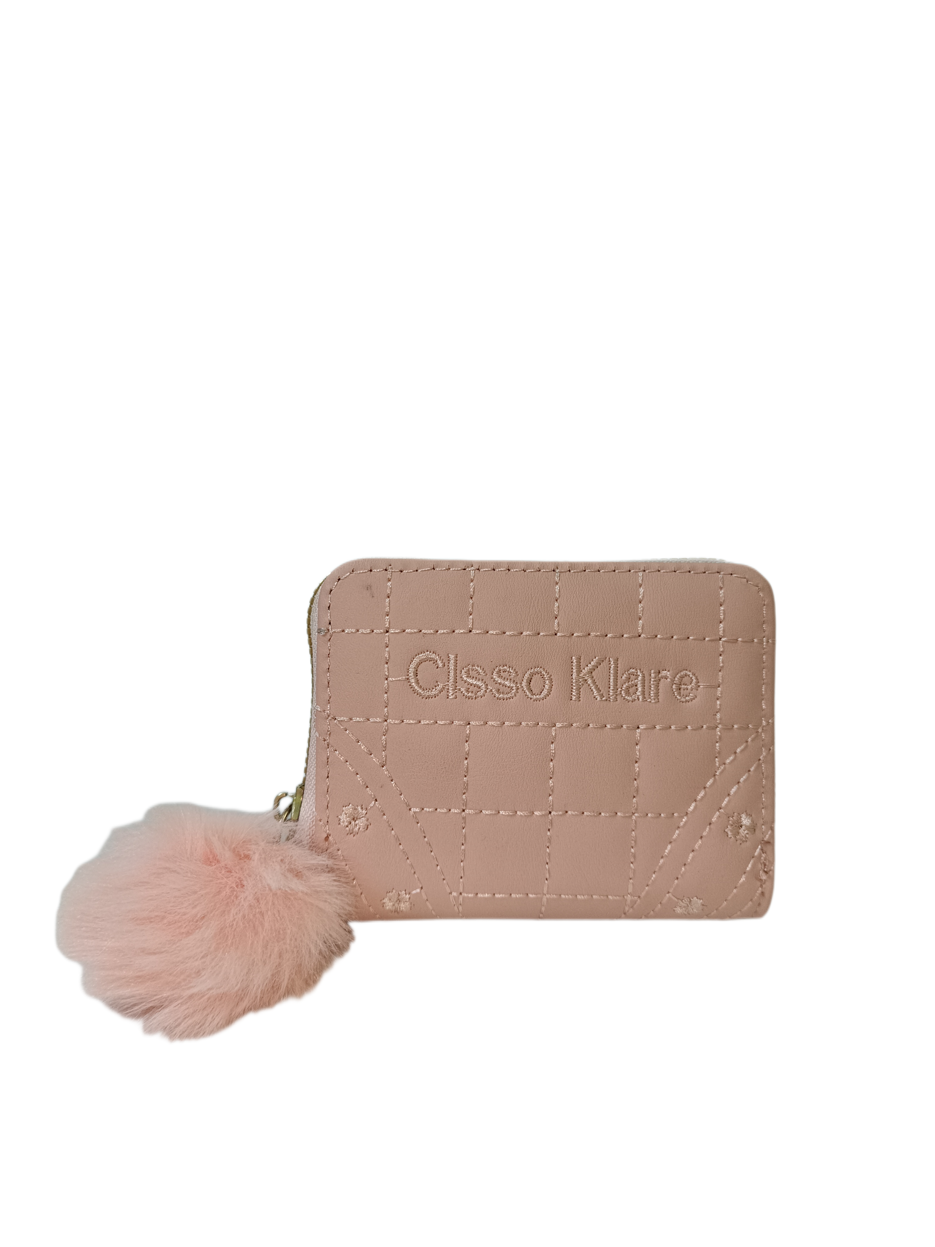 Cisso Klare Quilted Zip Wallet with Fur Pom-Pom – Blush Pink