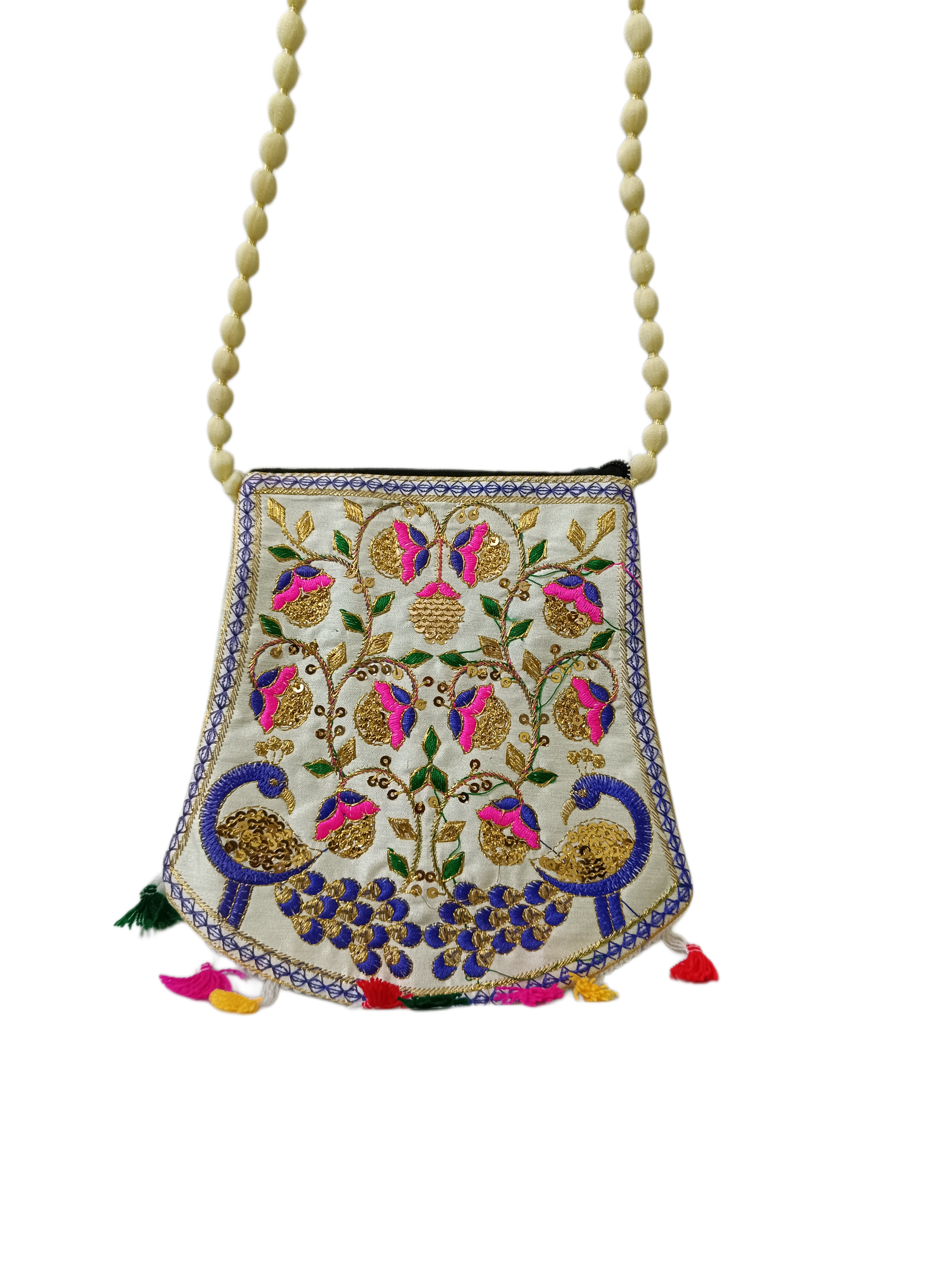 Handcrafted Embroidered Potli Sling Bag with Beaded Strap & Tassels